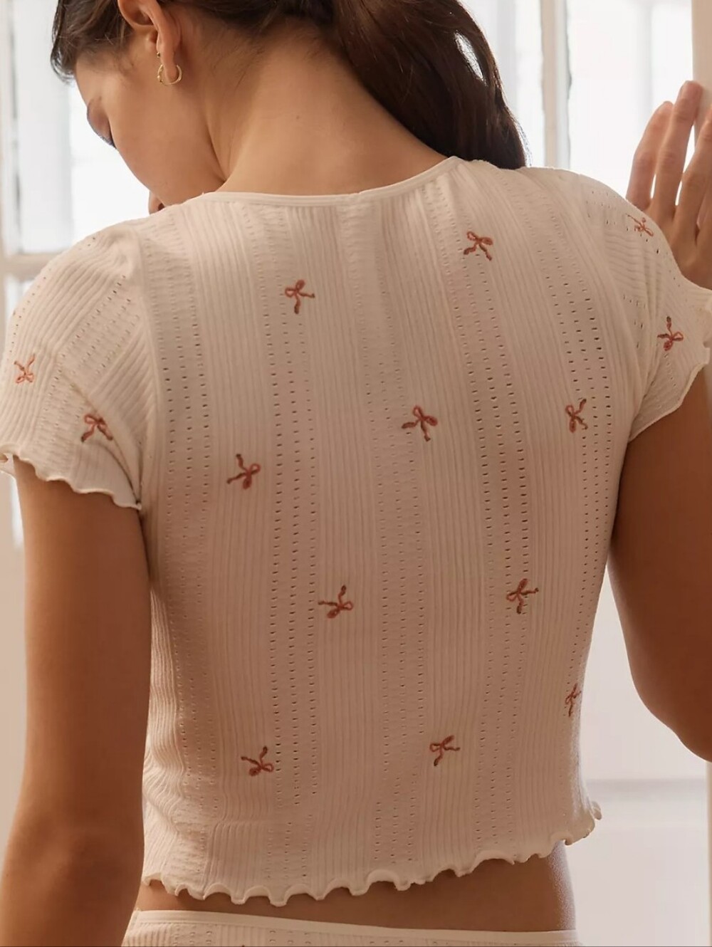 NWT Anthropologie Pointelle Babydoll T Shirt Dainty Embroidered Floral Crop L/XL - Picture 2 of 12